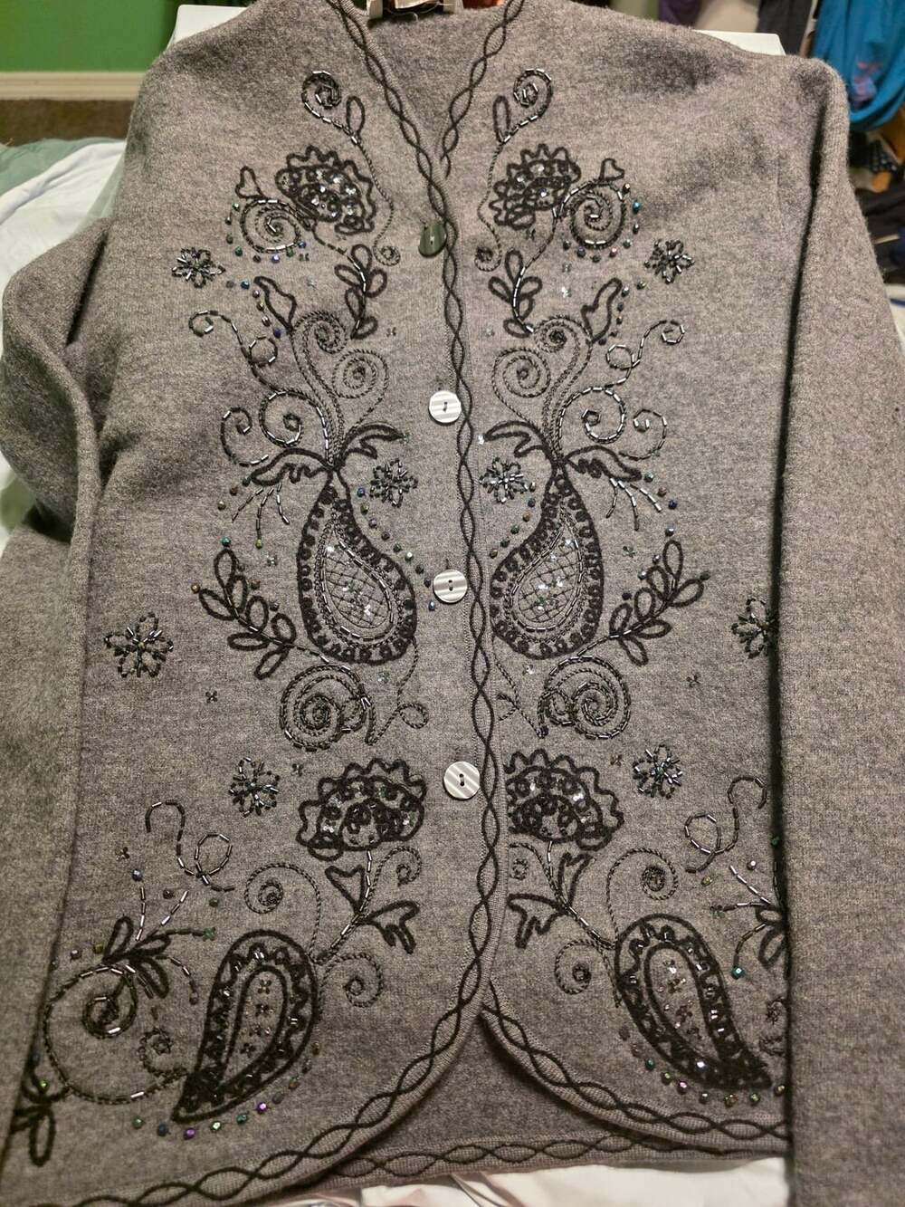 Talbots Cardigan Sweater Size S Gray Beaded Paisley